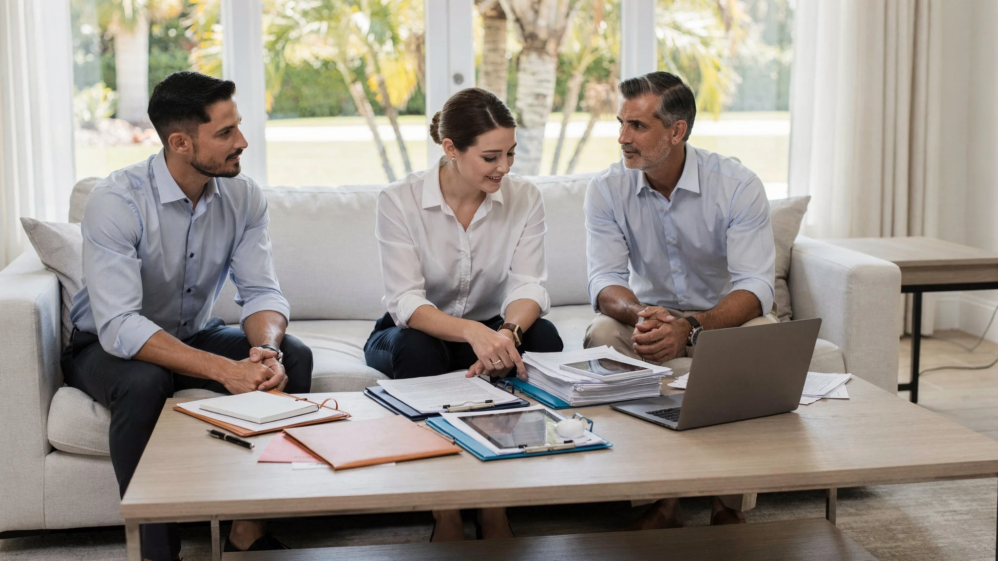 A South Florida homeowner reviews separate groups of property information with two professionals in a calm home setting.