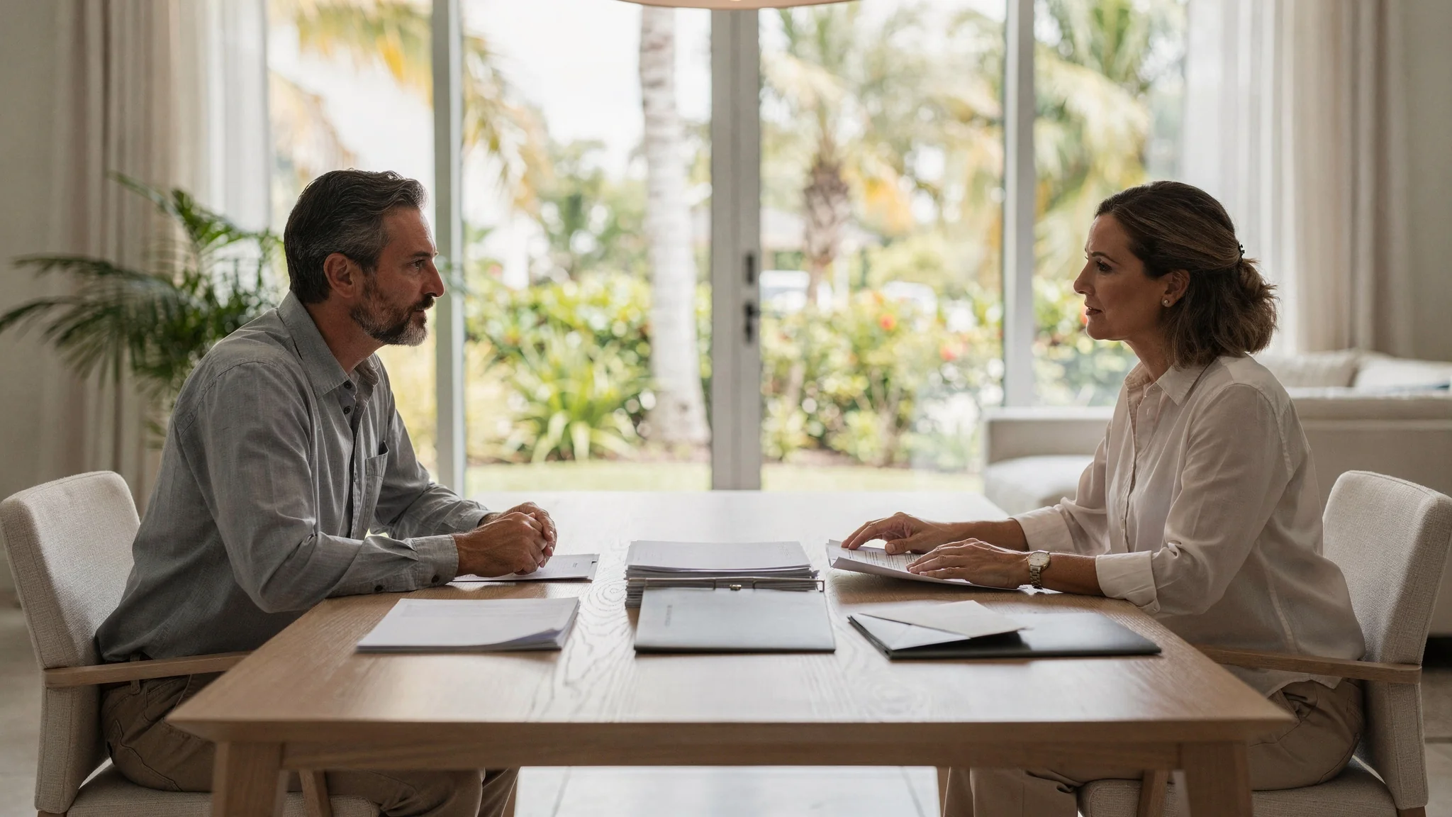 A South Florida homeowner and real estate professional review separate groups of pricing materials at a dining table.