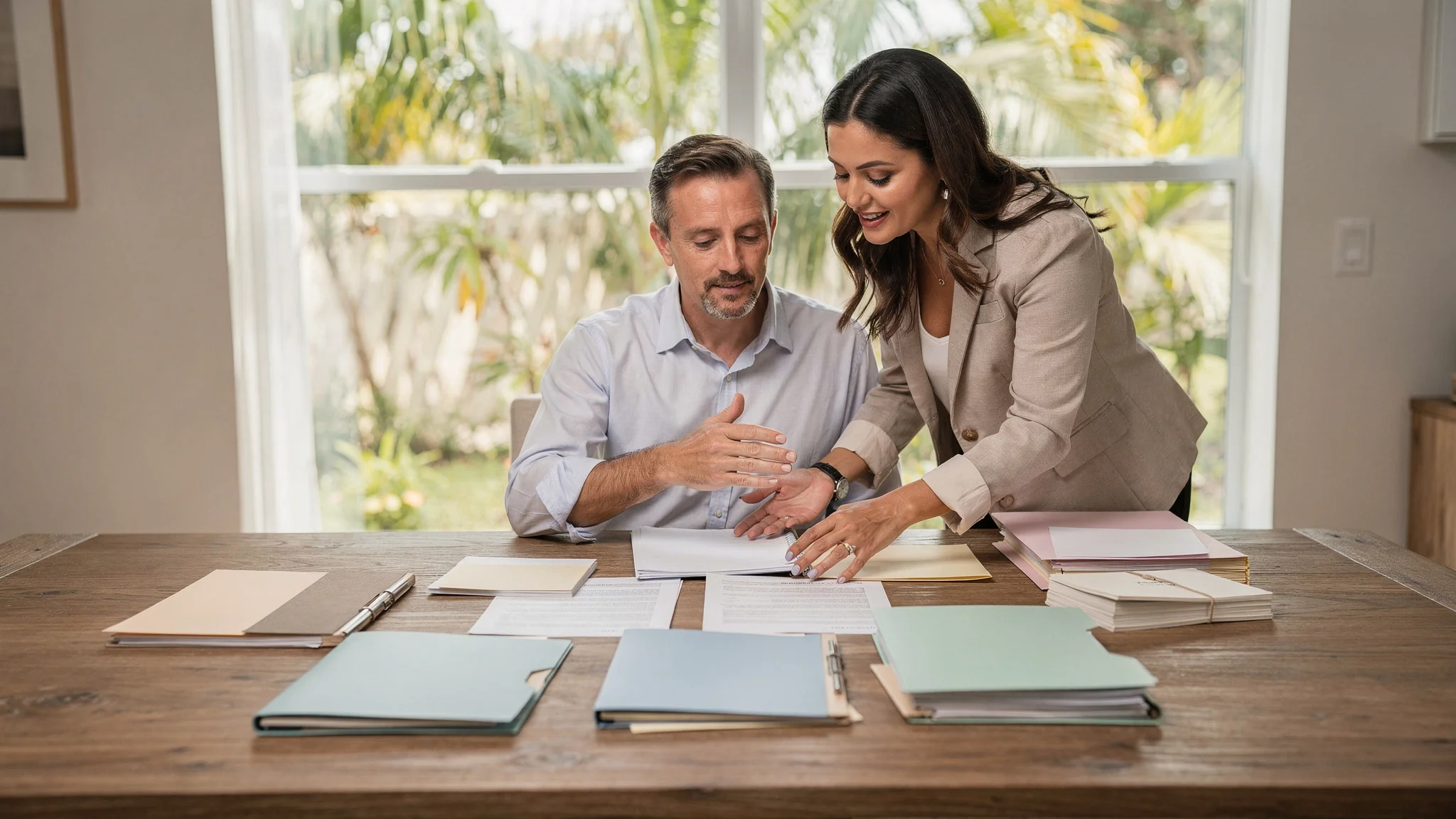 South Florida seller and real estate professional organizing separate seller-net planning document groups on a dining table