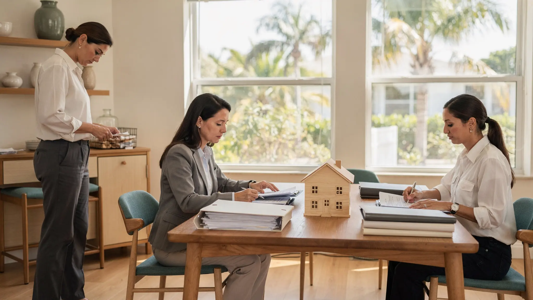 A South Florida homeowner handles daily home responsibilities while two professionals review separate blank court, financial, deed, and title record groups.