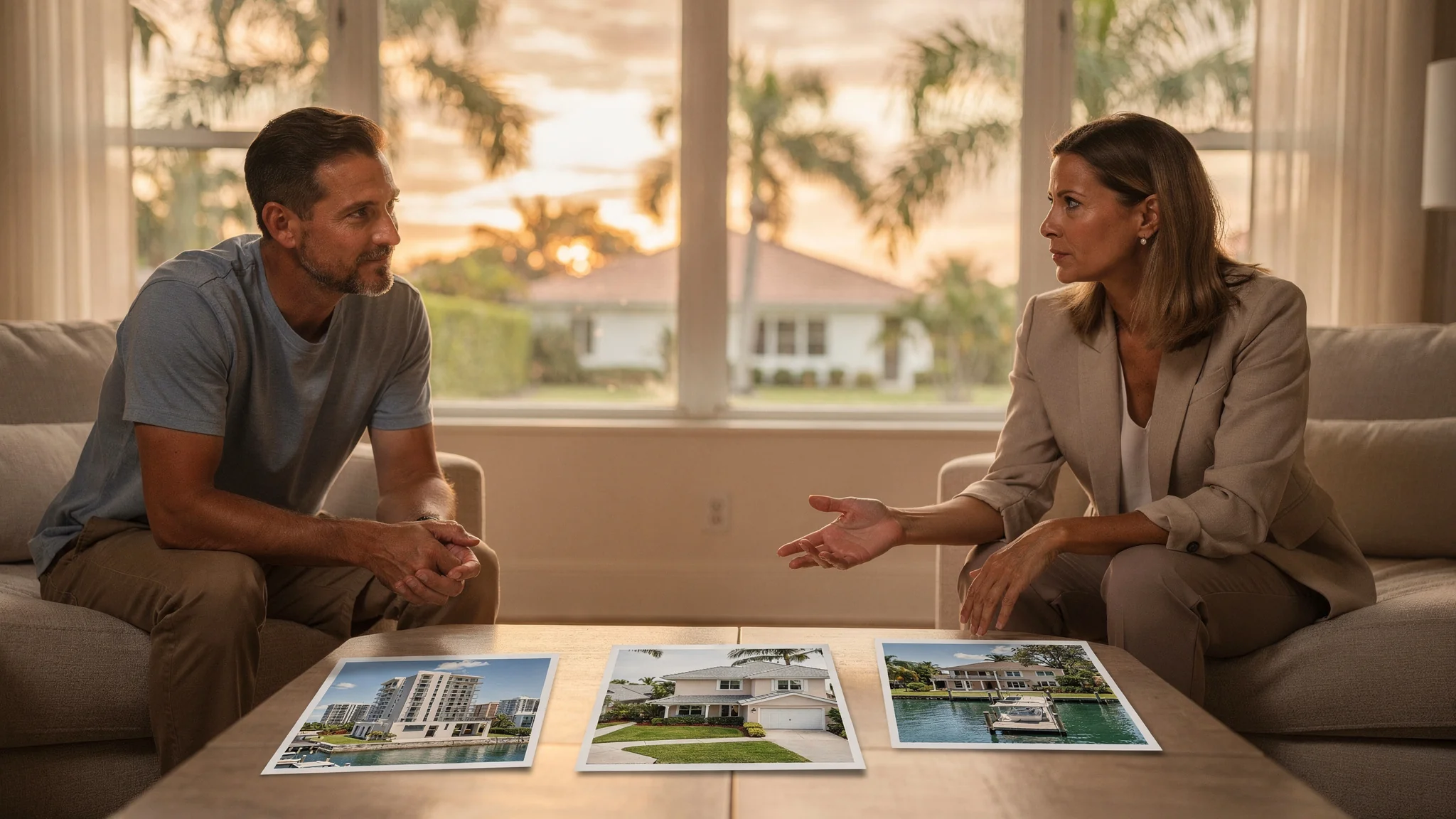 A South Florida homeowner and real estate professional compare three different home references that show clear differences in property type and waterfront features.