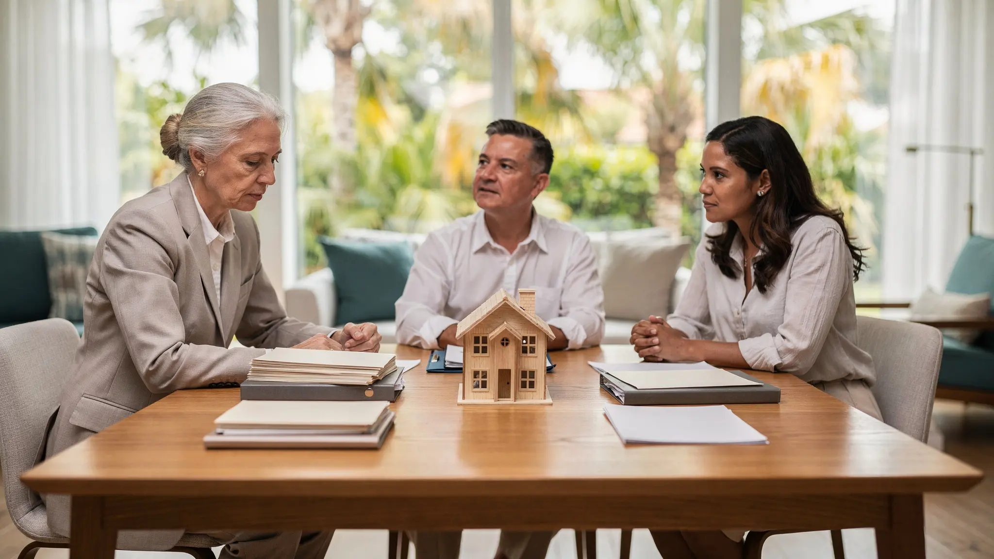 Adult family members calmly review separate blank estate and title record groups around a property model in a South Florida home.