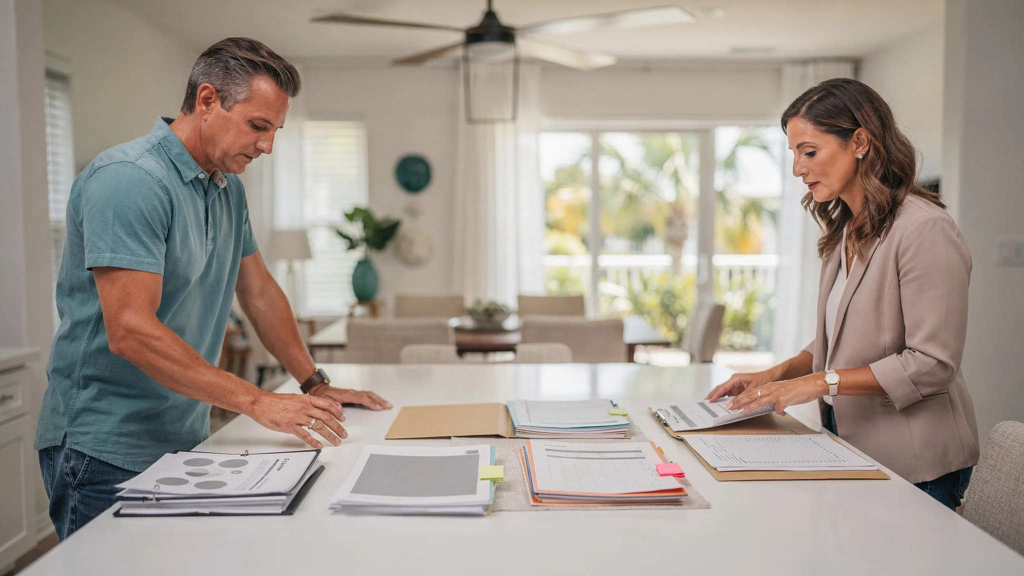 A South Florida homeowner and real estate professional organize separate groups of property-market reference materials during a calm review.
