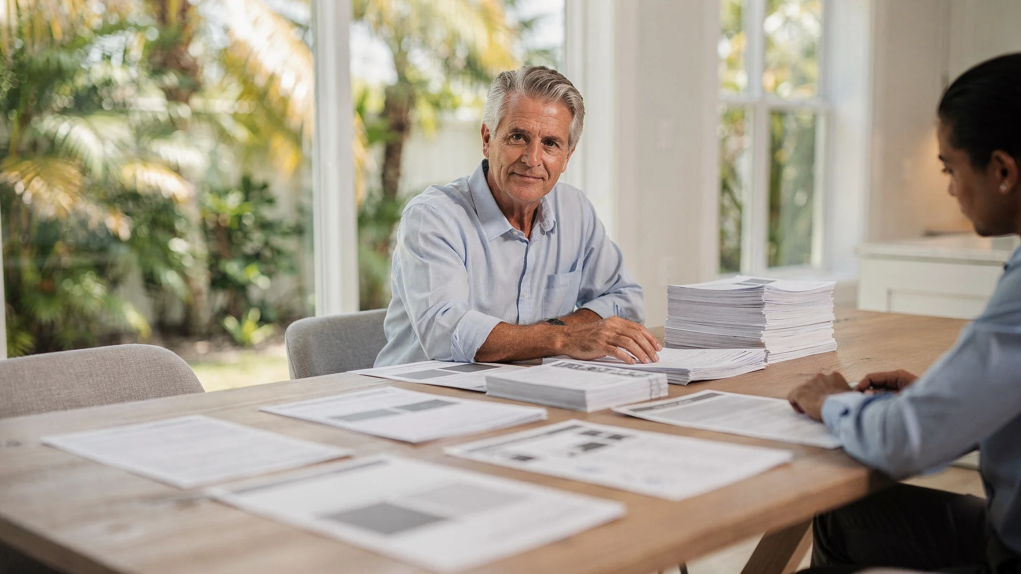 A South Florida homeowner calmly reviews organized property-market reference materials with a real estate professional nearby.