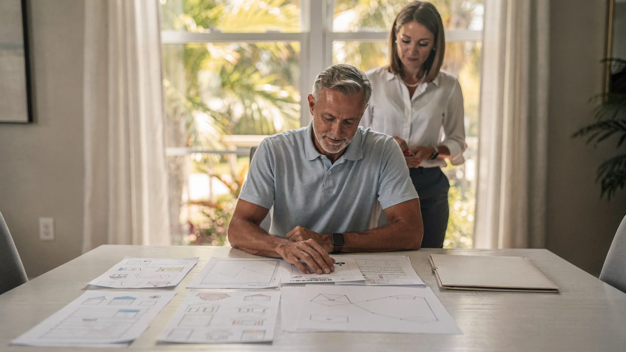 A South Florida homeowner reviews organized pricing evidence materials with a professional in a calm home setting.