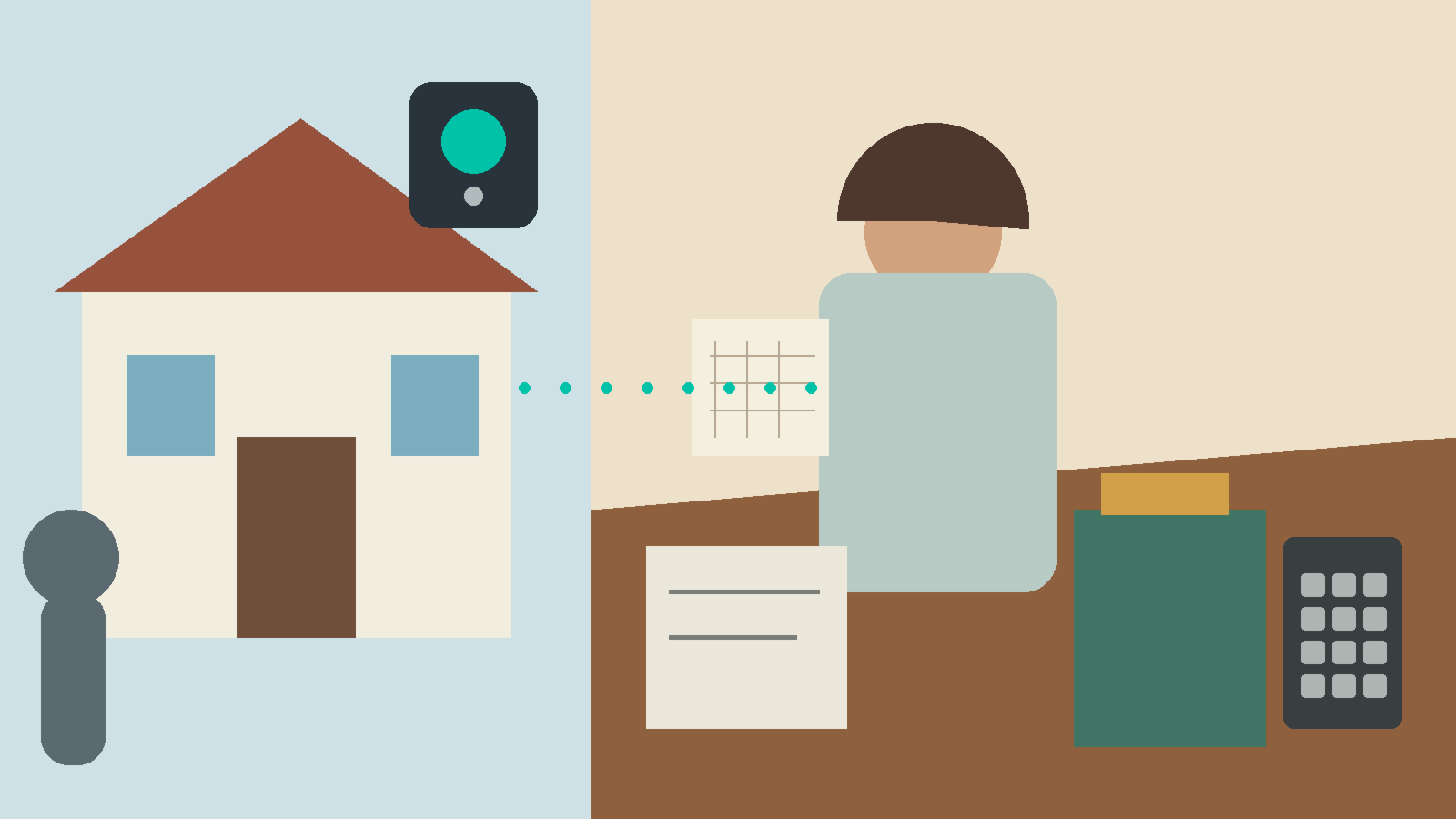 Buyer interest outside a South Florida home contrasted with the seller's indoor workspace of records, dates, estimates, and professional questions