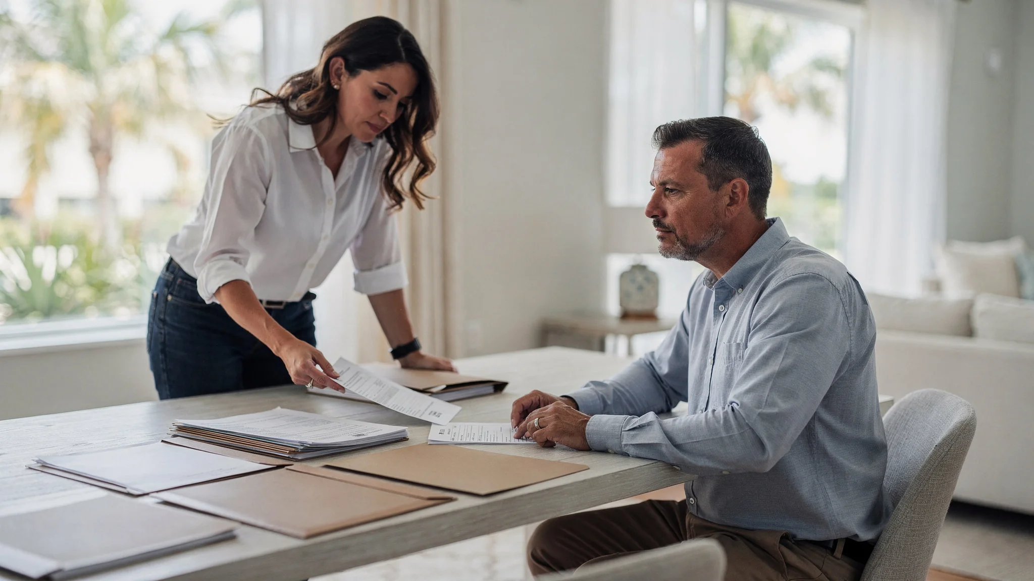 A South Florida homeowner reviews changing transaction categories with a professional while some figures remain unresolved.