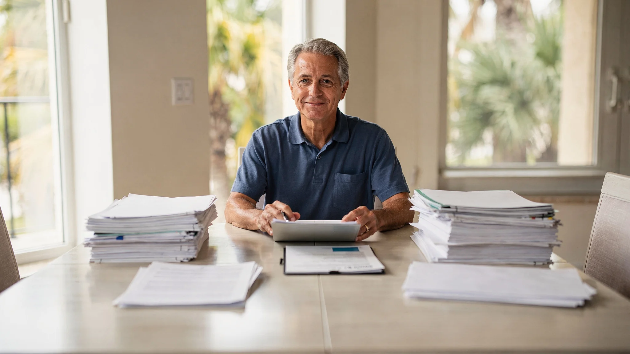 A South Florida homeowner sits with organized sale-planning papers after finishing a private learning milestone.