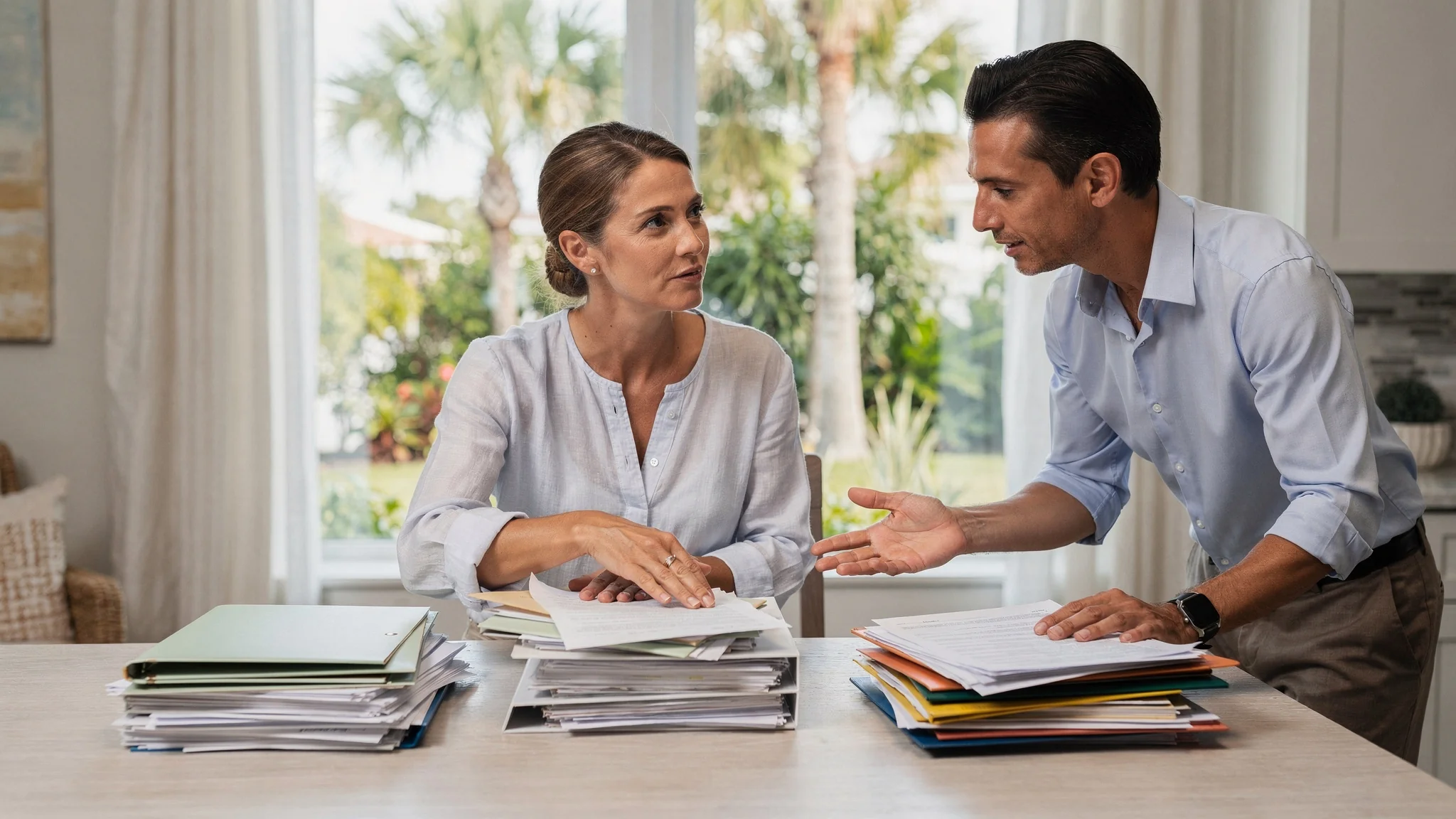 South Florida homeowner and real estate professional comparing separate seller-proceeds document stacks during a calm discussion
