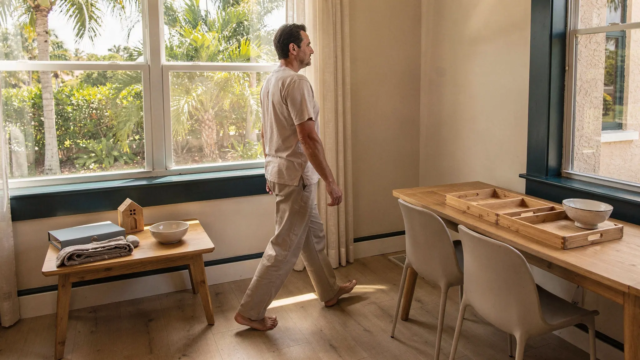 A South Florida homeowner moves between completed learning materials and neatly arranged empty trays for organizing the next questions.