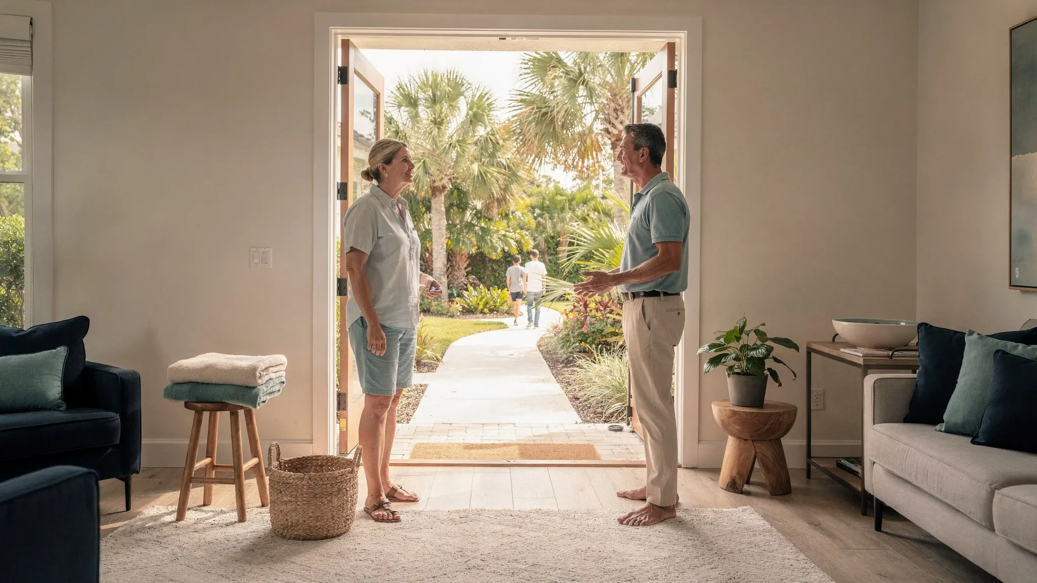 A South Florida homeowner stands inside a prepared home while an open doorway connects public interest with private seller preparation.