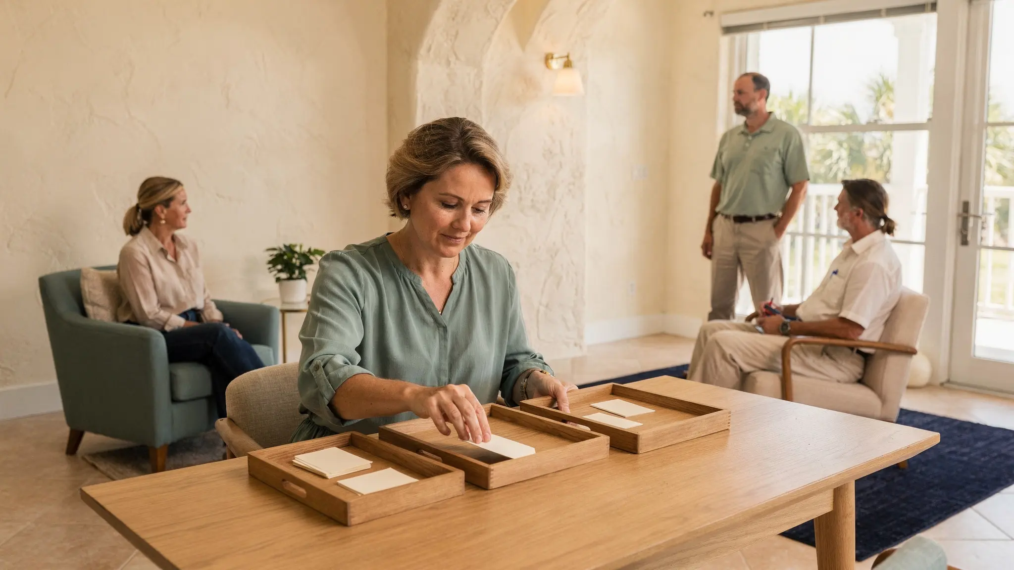 A South Florida homeowner calmly sorts blank question cards into separate professional meeting areas, showing that missing answers can be organized and verified.