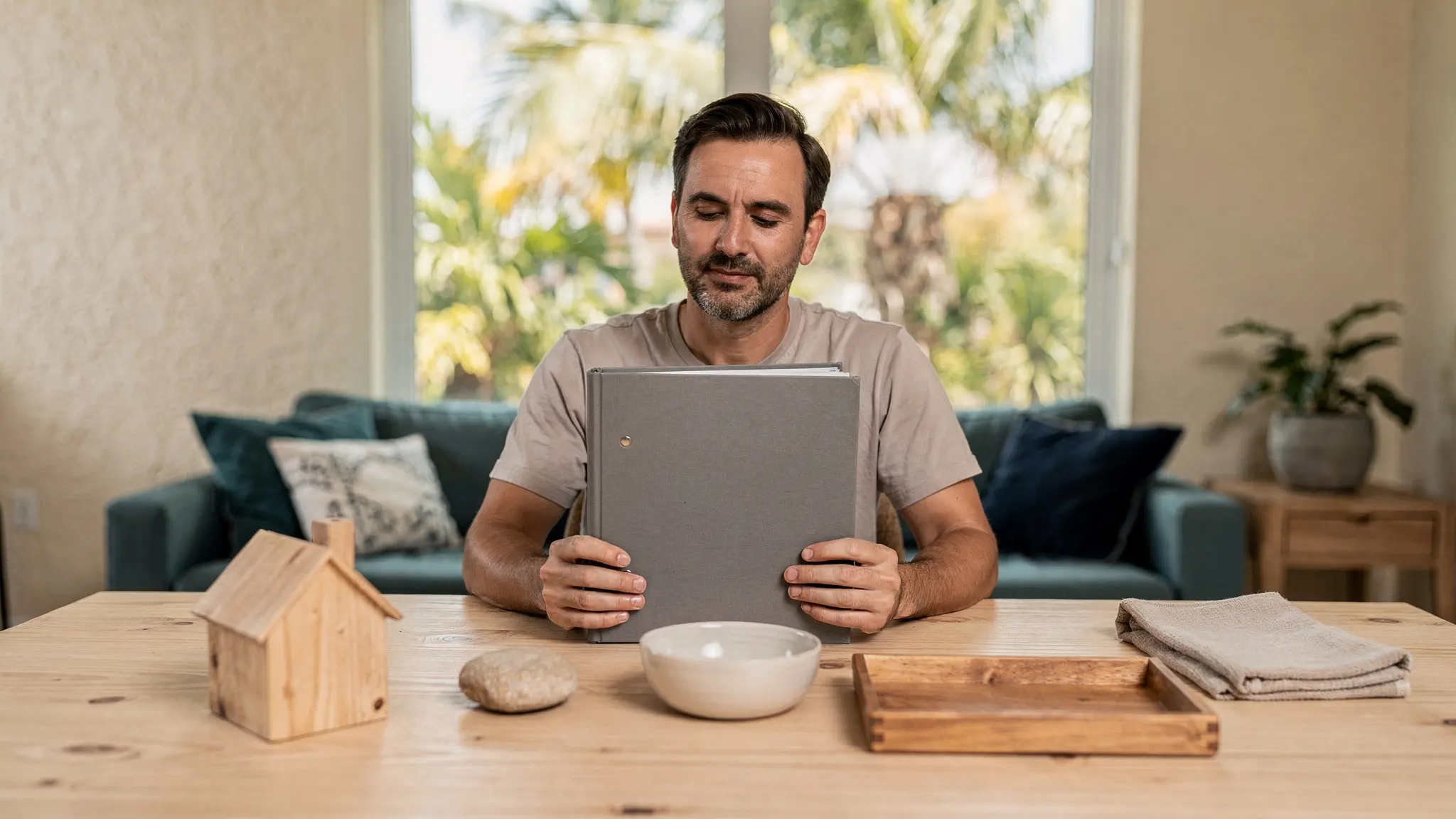 A South Florida homeowner calmly holds a closed learning binder beside a small home model and neutral planning objects.