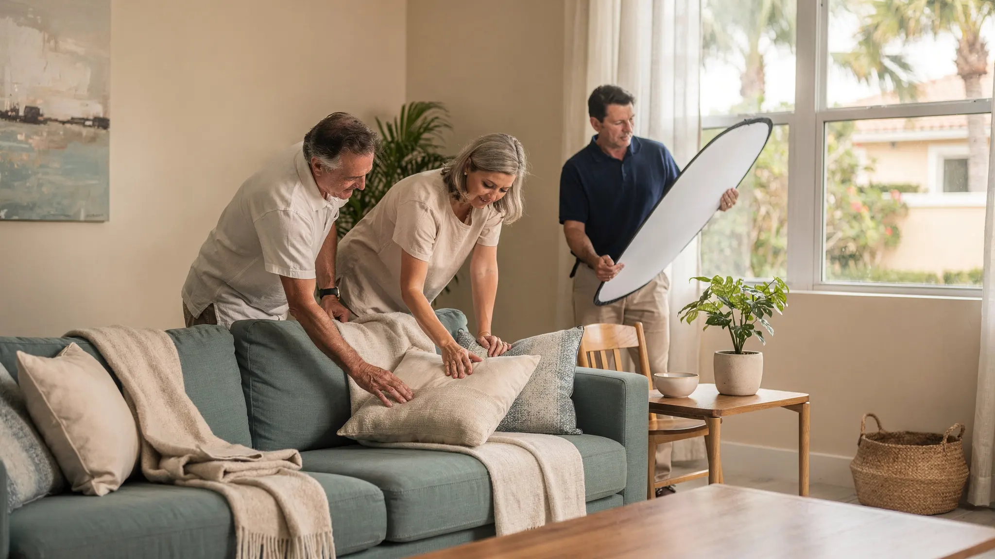 South Florida homeowners prepare their living room while a marketing professional readies the space for listing photography.