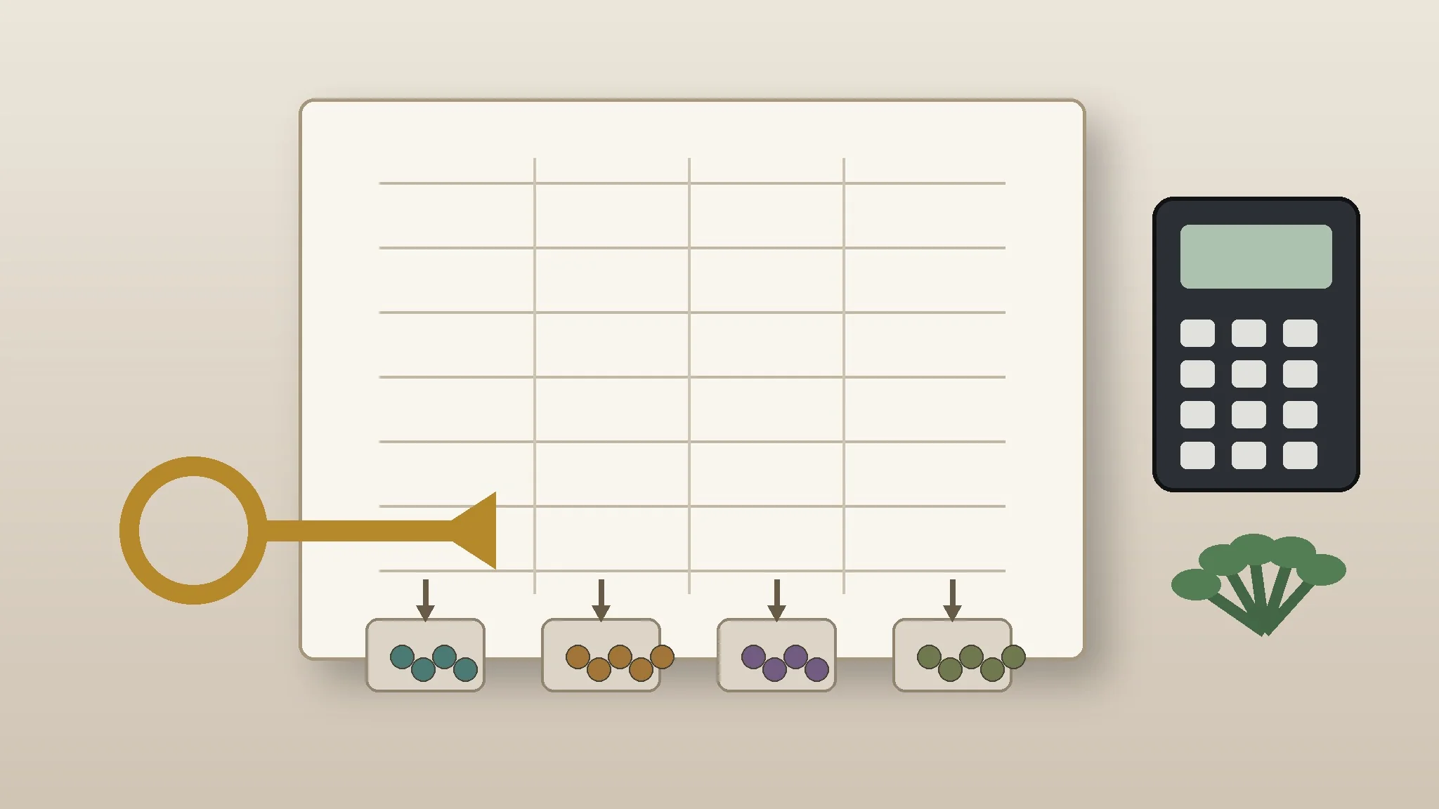 An overhead planning desk with a blank worksheet, calculator, house key, and separate groups of coins showing that sale proceeds must be divided among payoff, costs, credits, and the seller's remaining estimate.