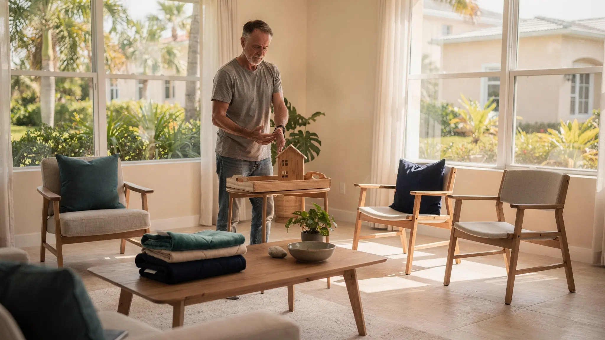 A South Florida homeowner calmly sorts different real-life situations into separate next-step areas without using scores or written answers.