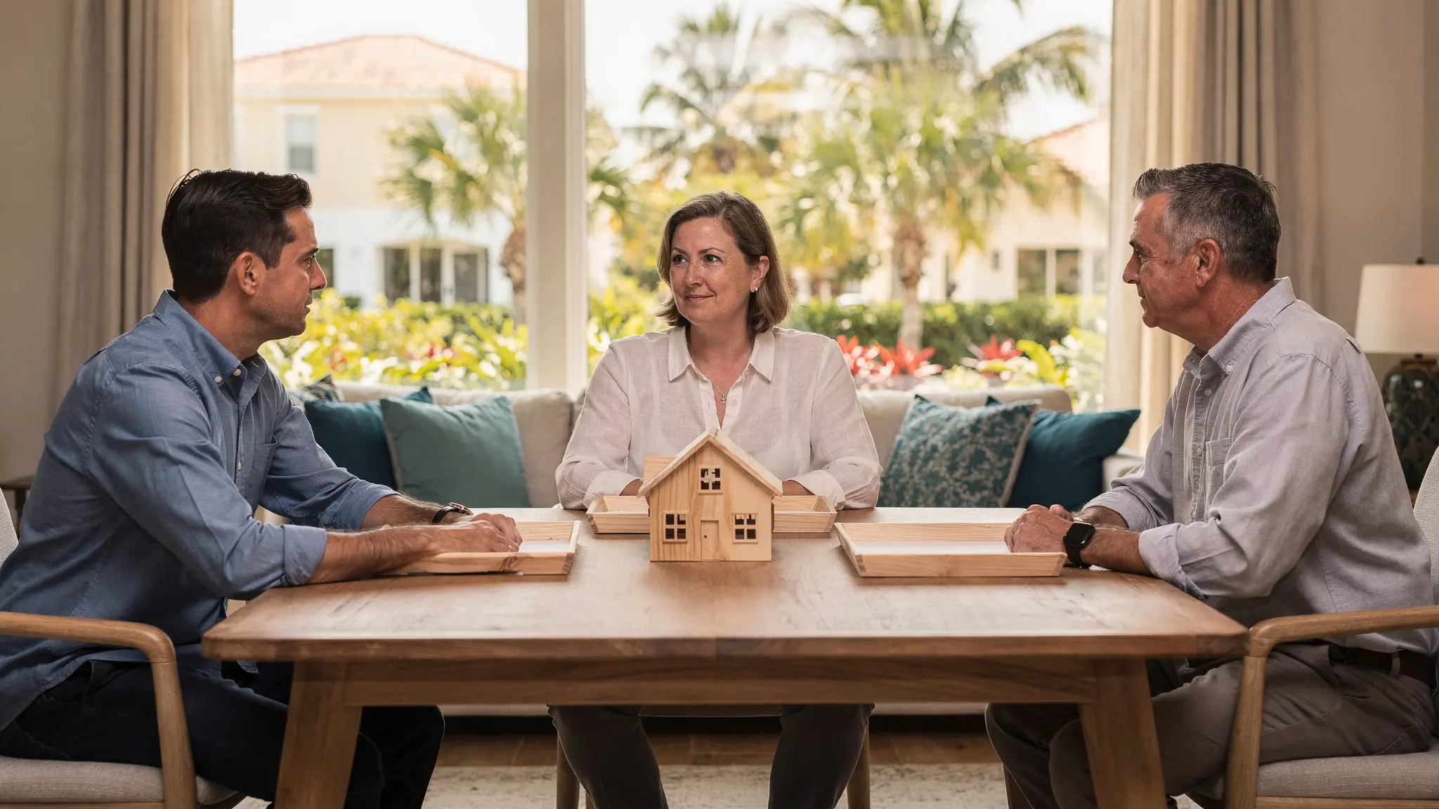 A South Florida homeowner sits between two separate professional review lanes with a model home and empty trays representing open record questions.