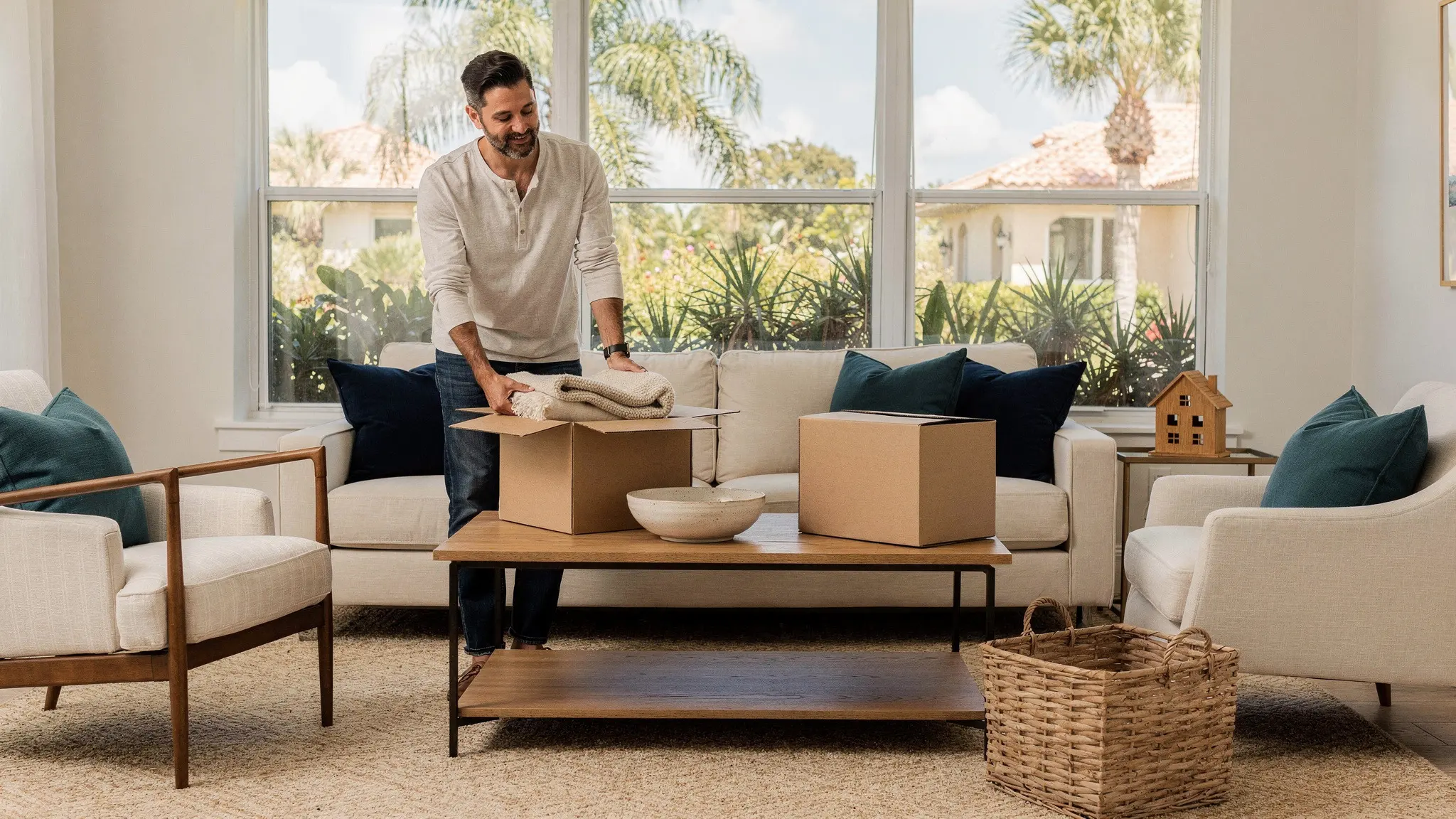 South Florida homeowner calmly preparing the home and organizing a move before beginning the selling process.