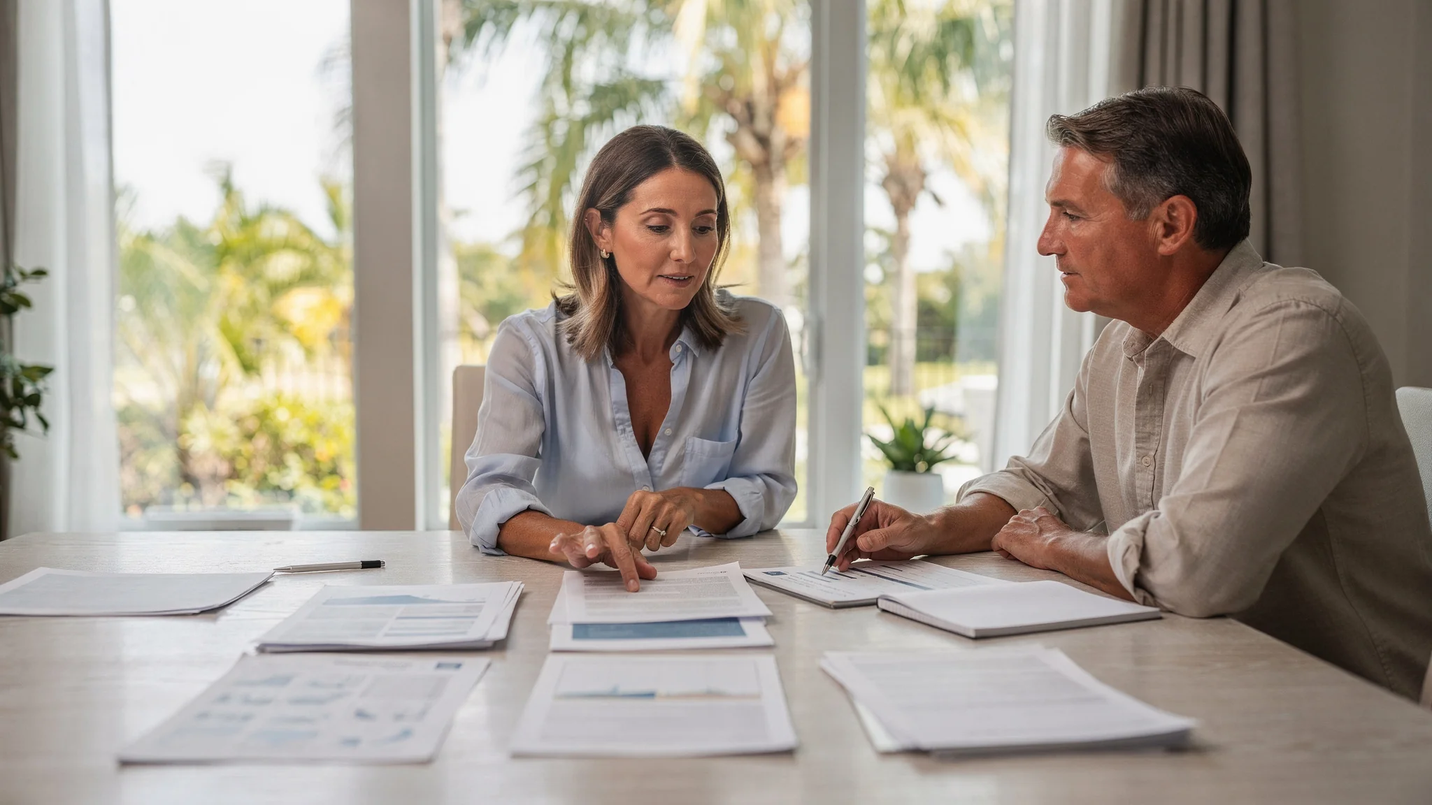 A South Florida homeowner and real estate professional review several groups of market-response materials while considering multiple possible signals.
