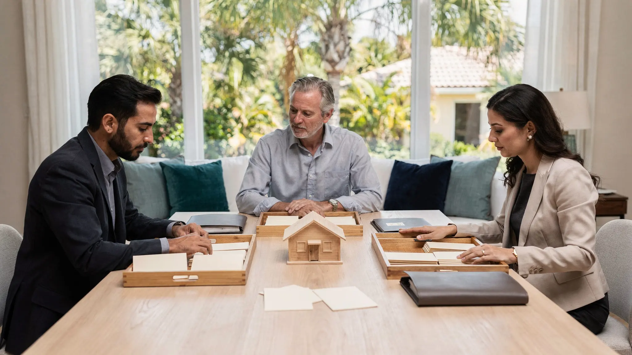 A South Florida homeowner and two professionals compare separate blank record groups around a model home without reaching a legal conclusion.