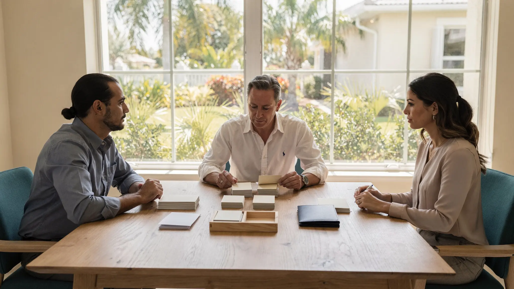 A South Florida homeowner reviews separate blank record groups with two professionals before any decision about authority to sell.