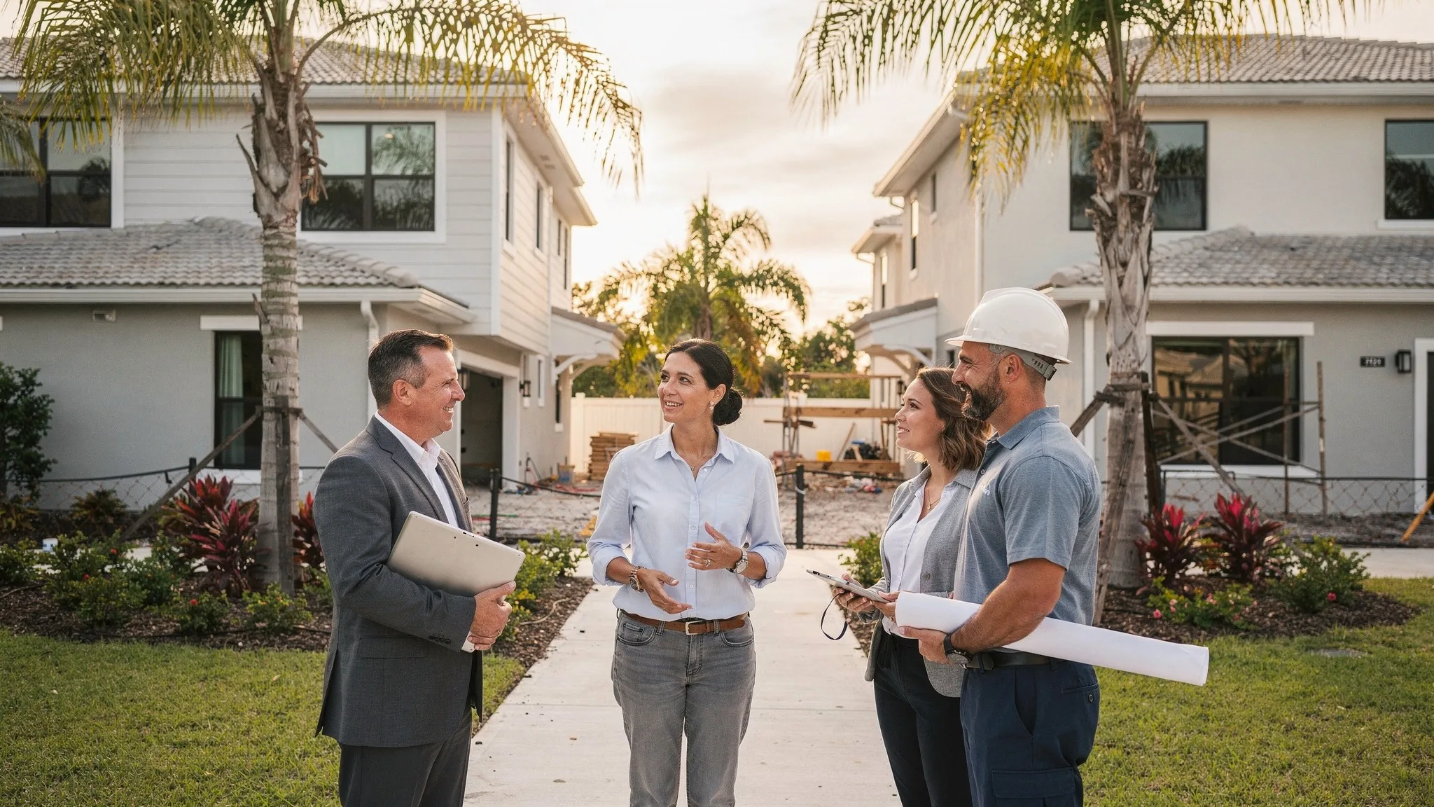 Florida homebuyer speaking with real estate, sales, and construction professionals about a new home