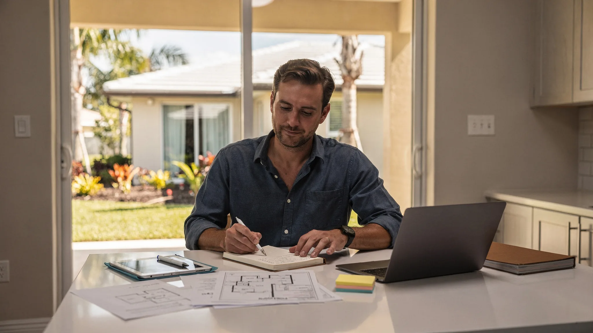 Florida homebuyer creating a verification plan while reviewing home documents and notes