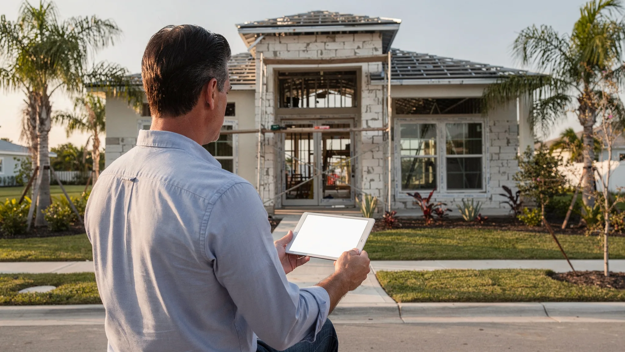 Buyer comparing construction progress with planning information for a new home