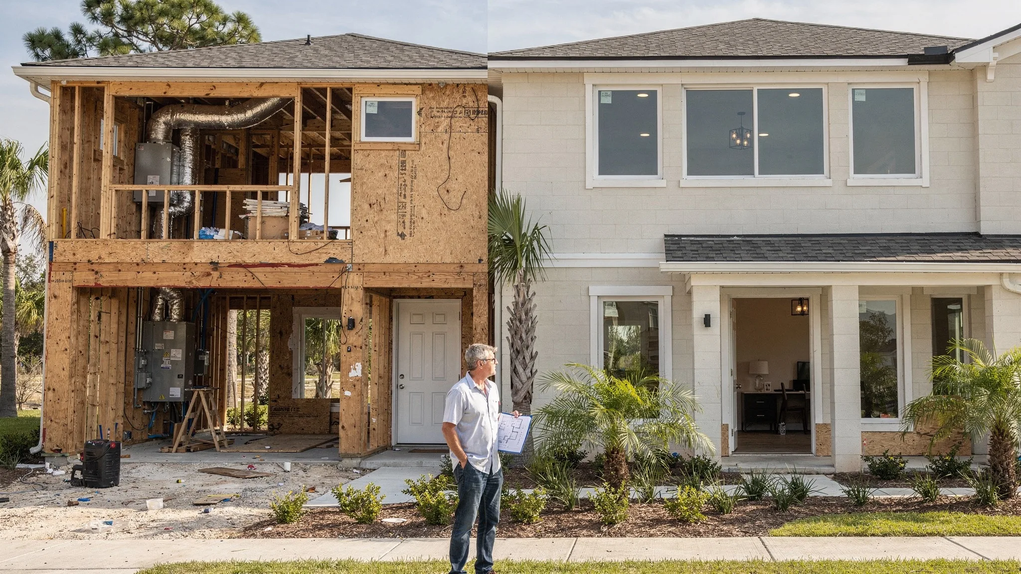 Comparison of an unfinished new home and a completed new home showing different details available for buyer review