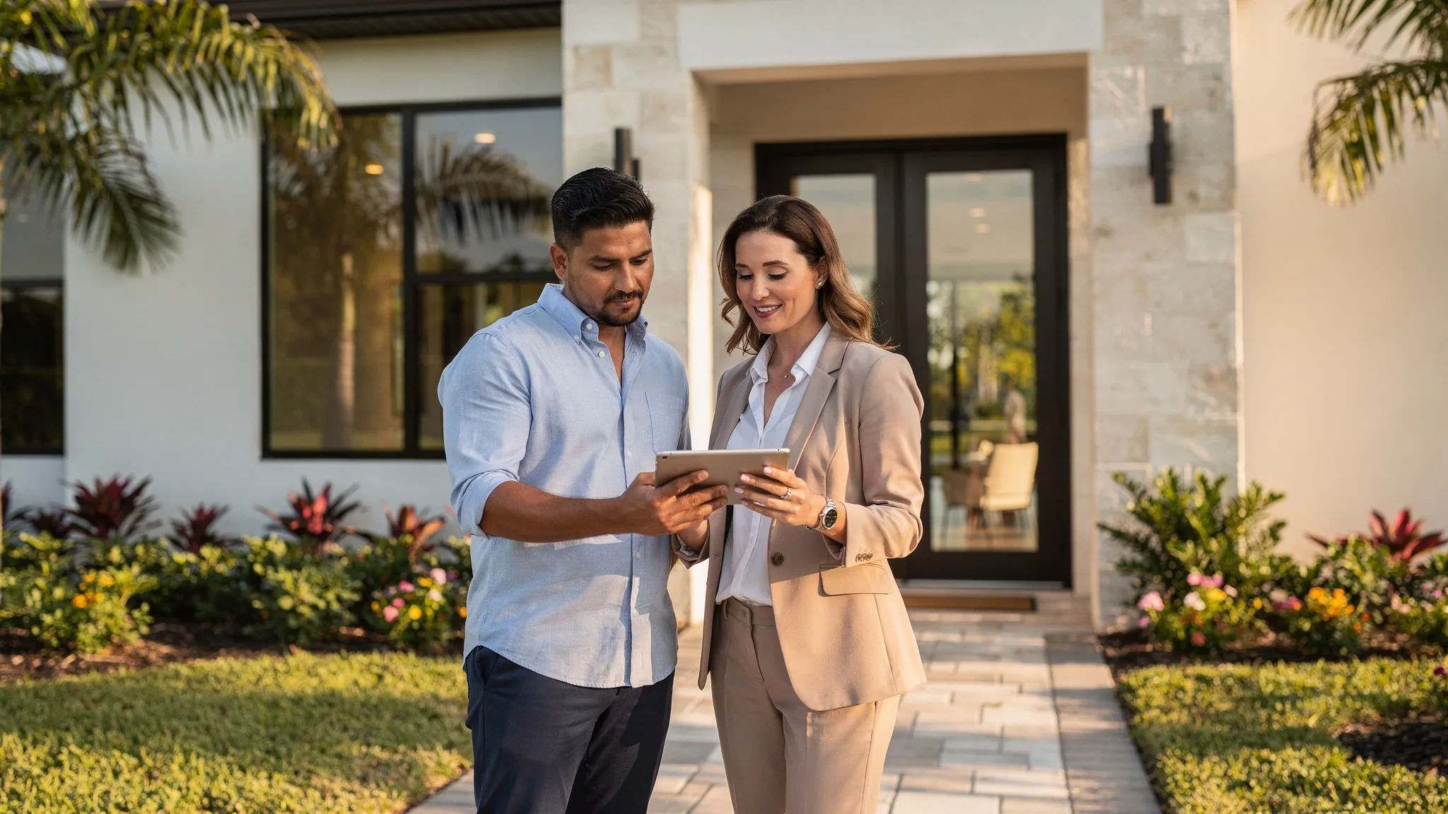 Homebuyer and real estate professional checking builder policies before entering a new-home sales center