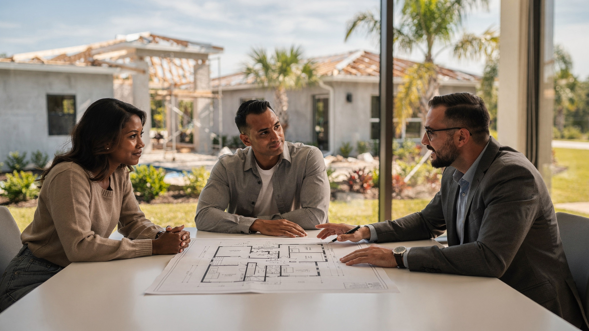 Florida buyers reviewing a pre-construction home plan with a real estate professional