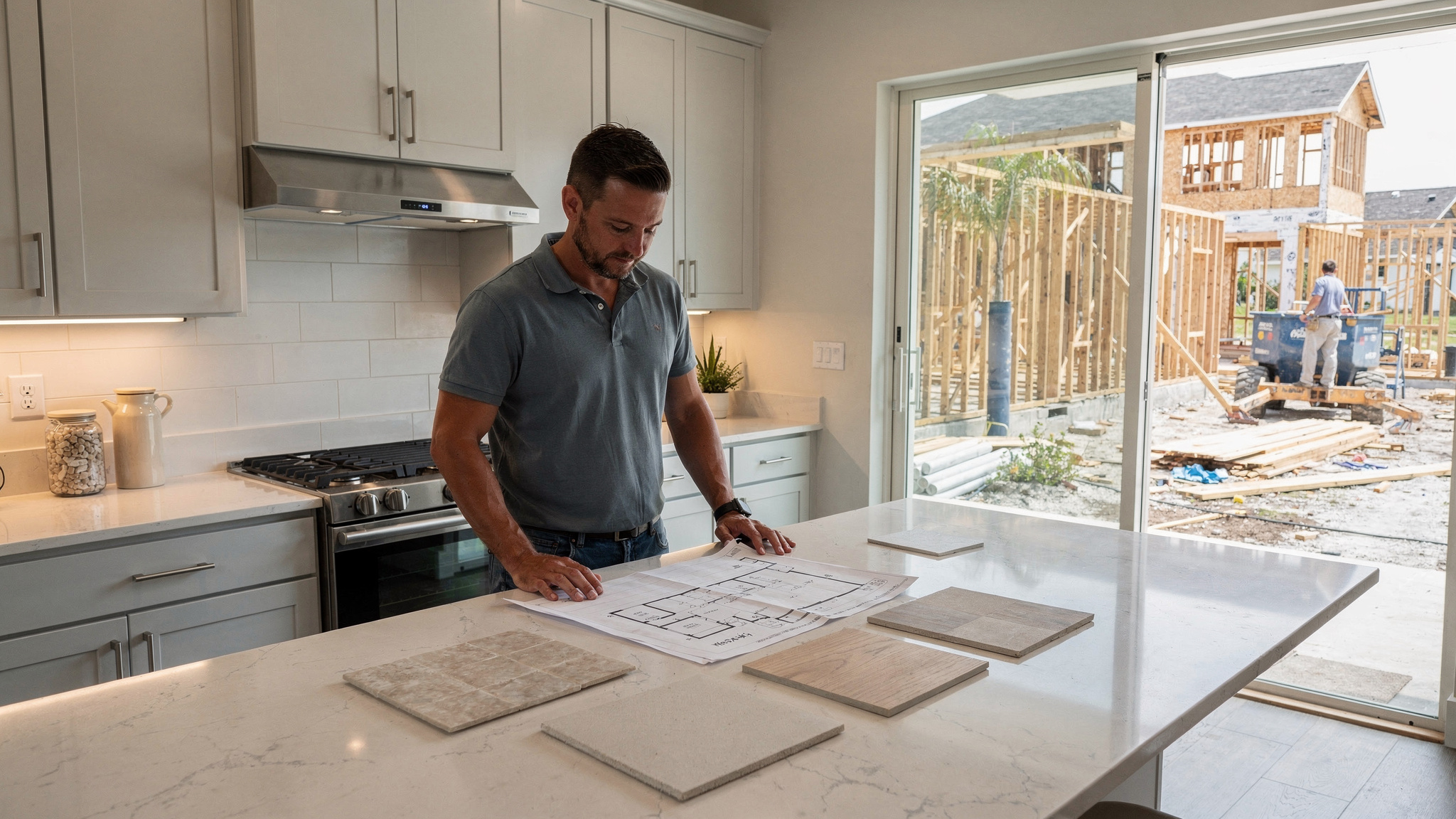 Florida buyer comparing a model home impression with plans and construction details