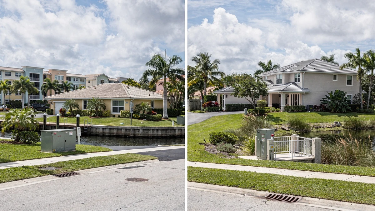 Two Broward County homes showing different canal, drainage, utility, association, and surrounding service conditions
