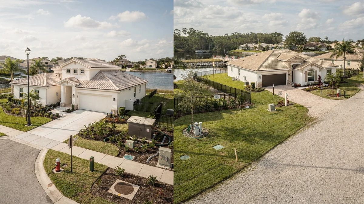 Two Collier County homes showing different paved and gravel road access, utility equipment, drainage, and neighborhood infrastructure.