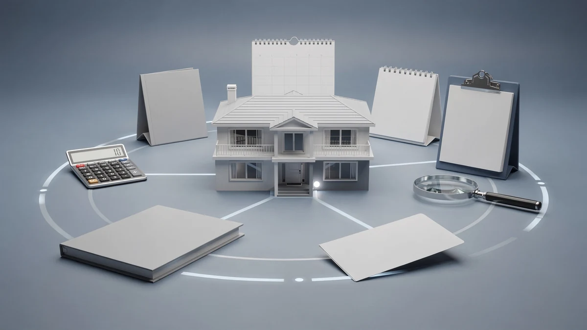 Home surrounded by contract, deposit, financing, deadline, inspection, and professional-review materials that must be checked before signing