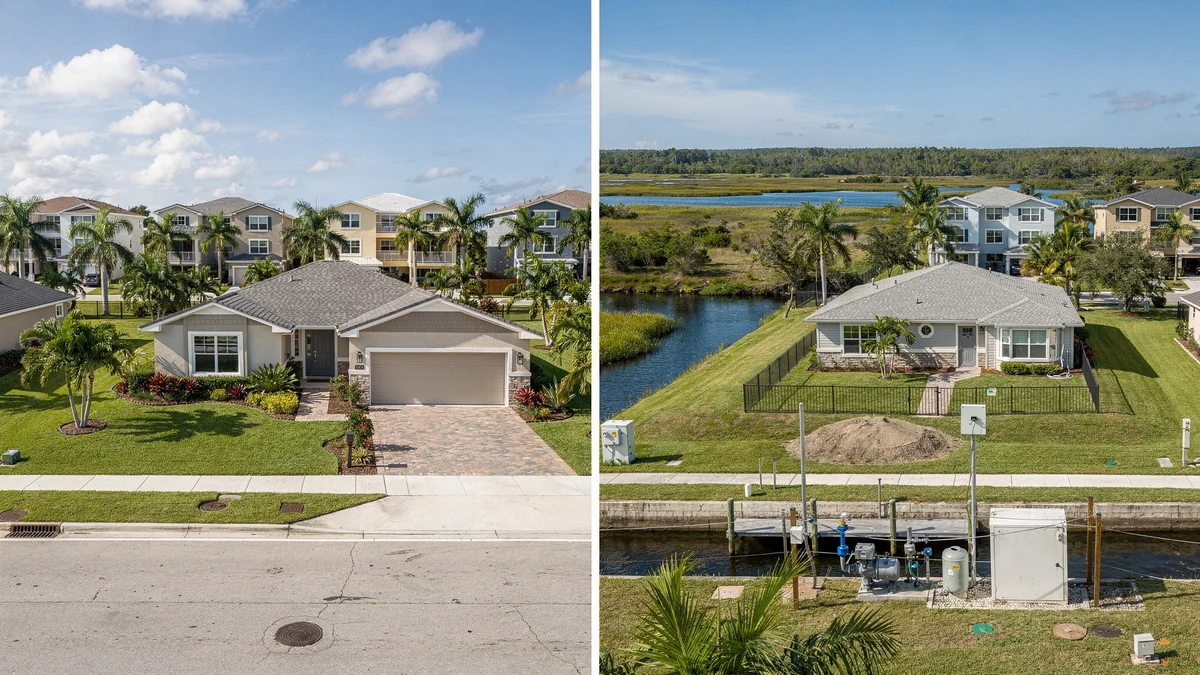 Two Palm Beach County homes showing different neighborhood density, open-land, drainage, utility, road, and surrounding service conditions.