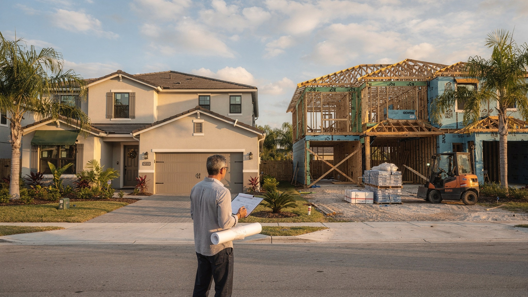 Florida buyer comparing a finished new home with another home still under construction