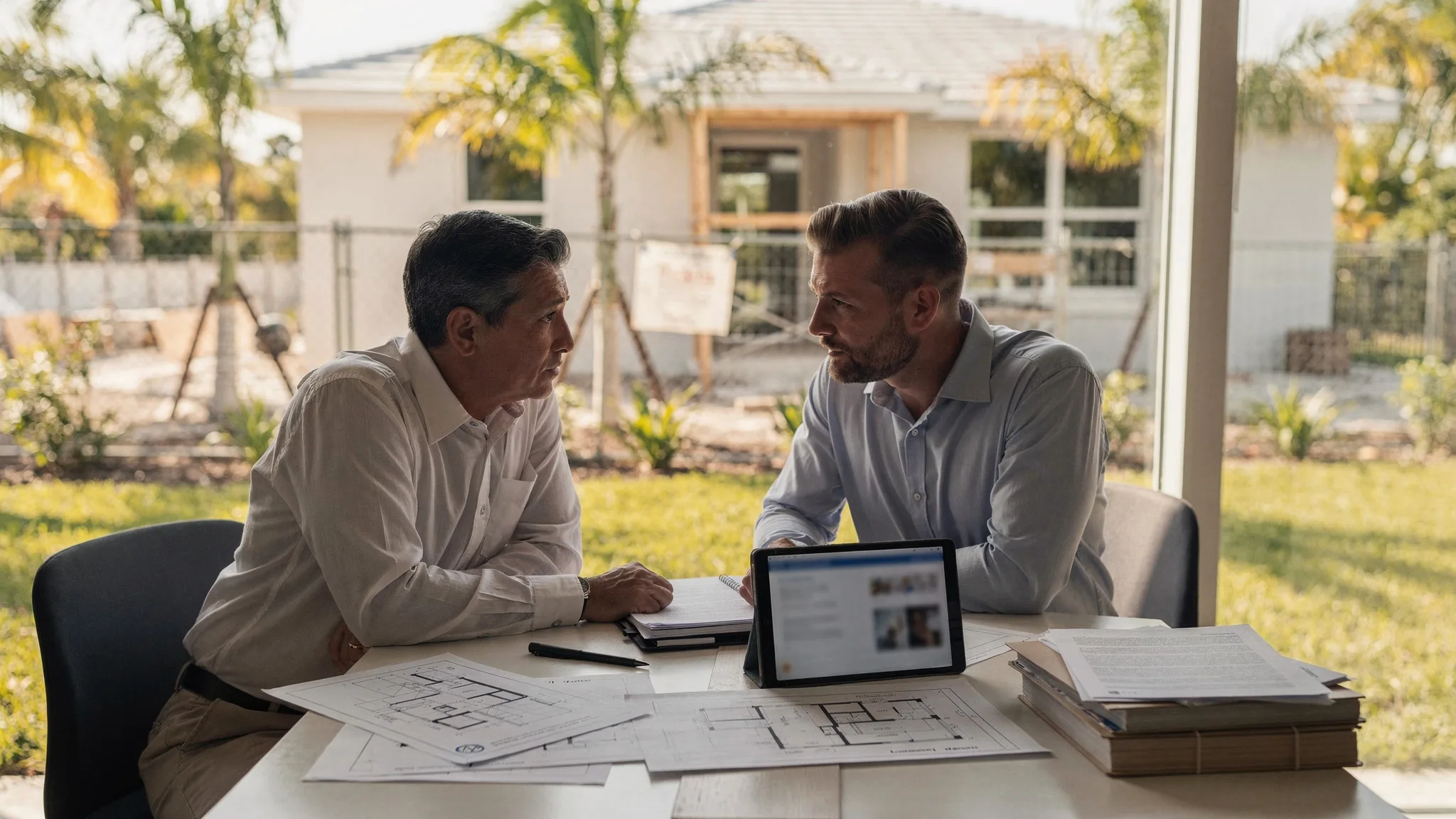 Homebuyer connecting construction stages, documents, and professional guidance while reviewing a new-home decision