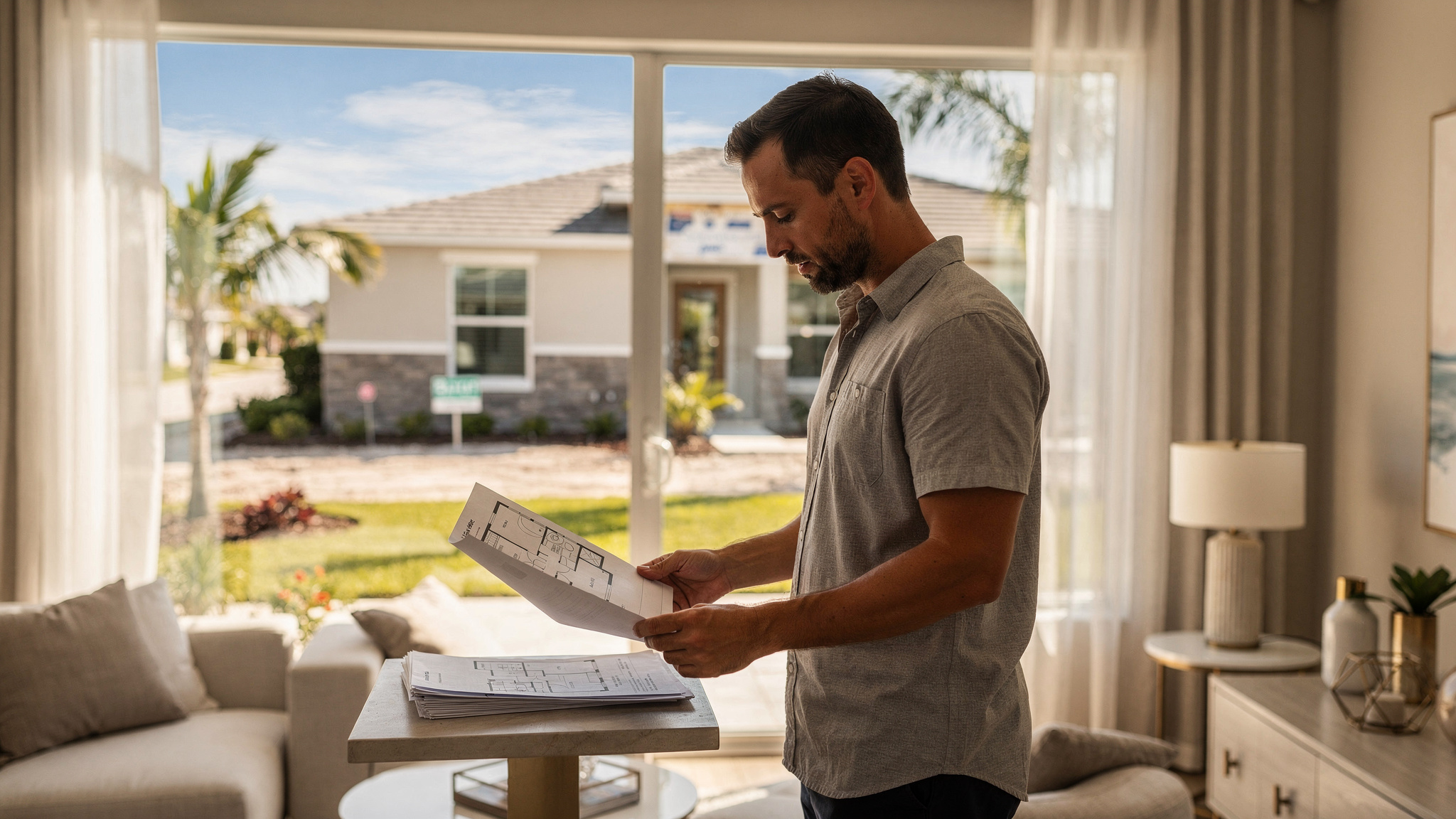 Buyer comparing a model-home design with plans and details for a specific new home