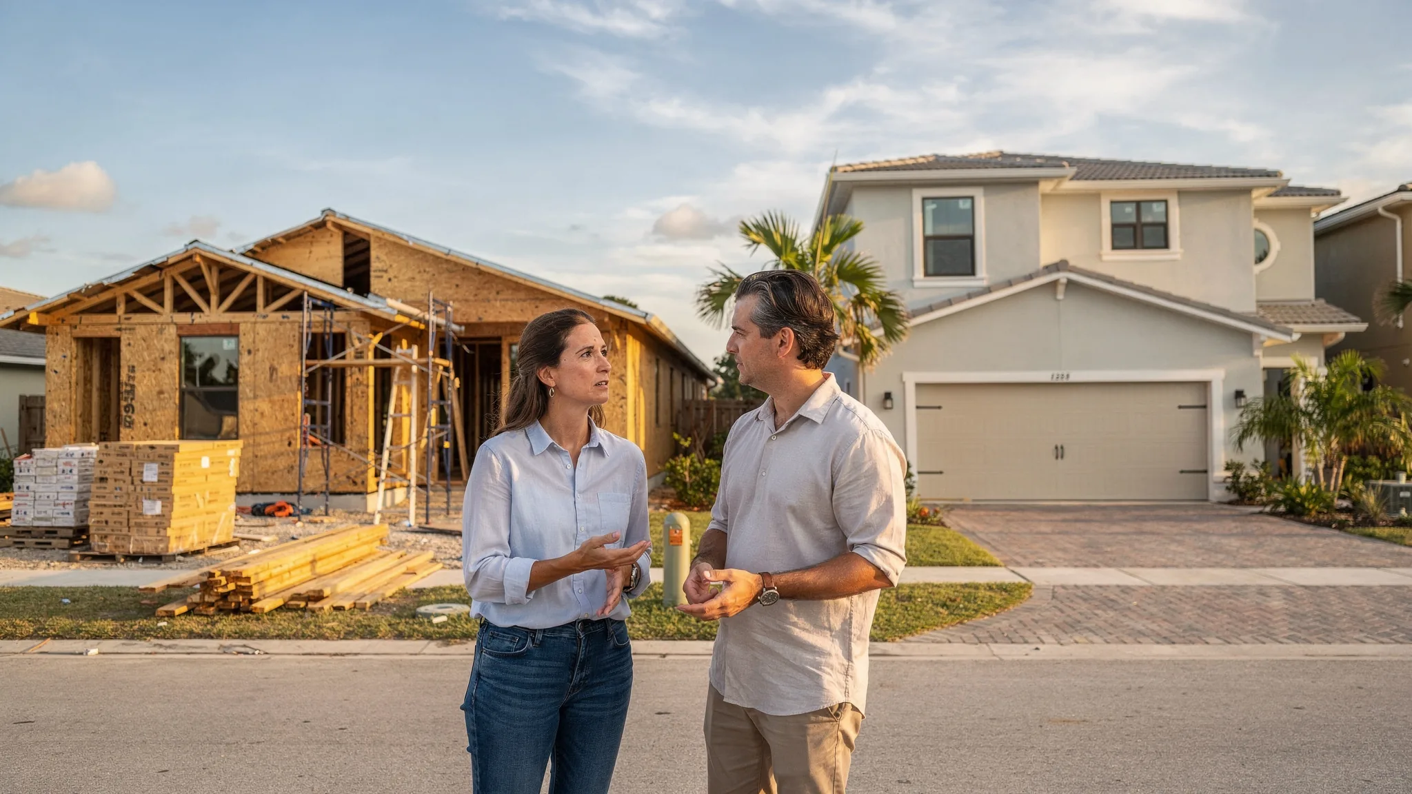 Florida homebuyer comparing a new home under construction with a completed newly built home