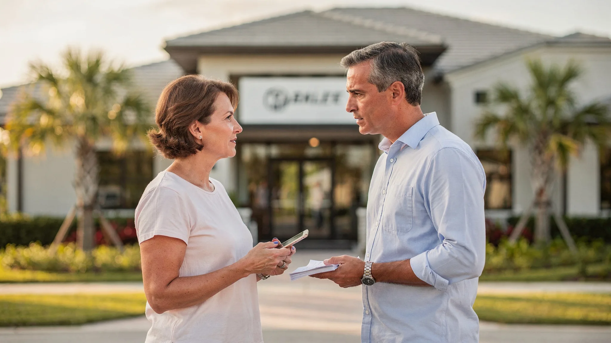 Homebuyer discussing representation and builder registration before visiting a new-home sales center