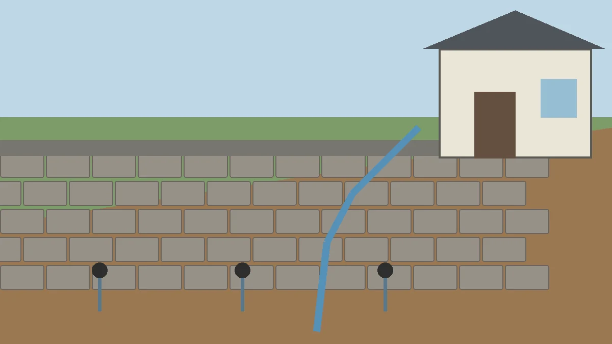 Florida backyard retaining wall on a sloped lot with drainage outlets and visible soil conditions being evaluated
