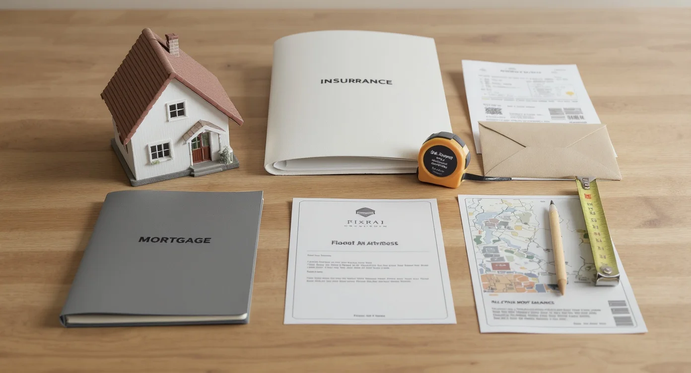 Tabletop arrangement representing mortgage, insurance, taxes, flood, HOA, and maintenance costs.