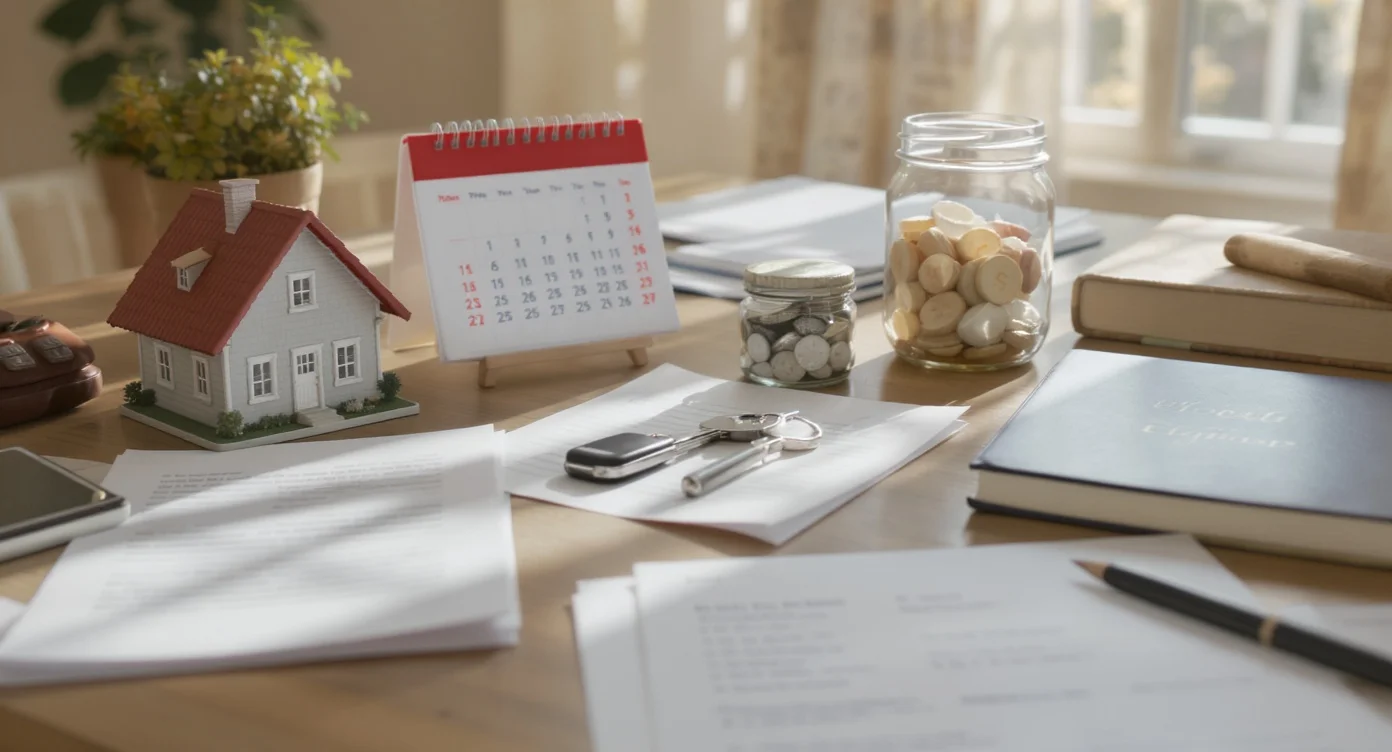 Planning table with objects representing the seven life fit layers of buying a home.