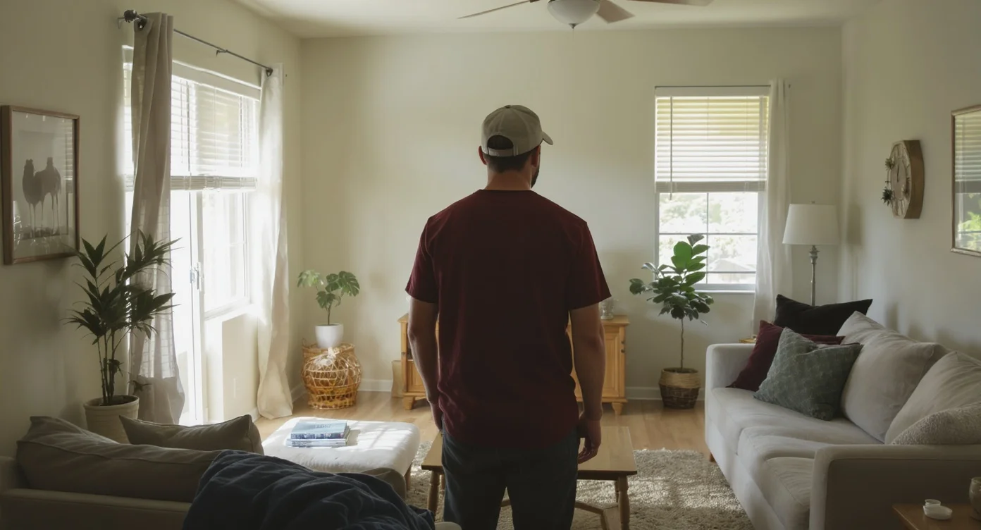 First-time buyer standing thoughtfully inside an empty South Florida living room.