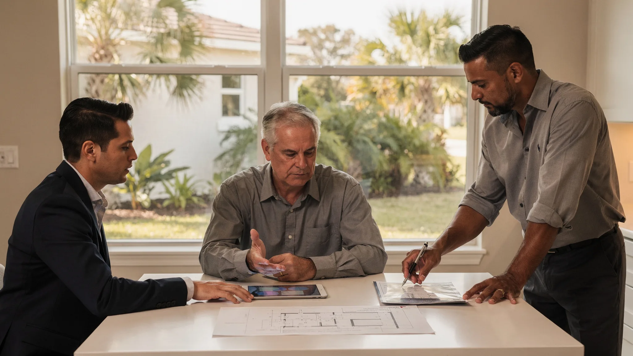 Buyer reviewing home information with professionals to verify details before relying on them